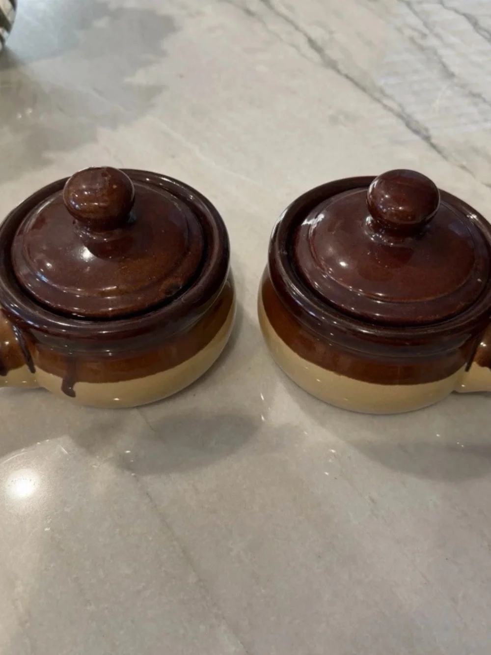 Brown and Tan Ceramic Covered Single serve crocks Set of 2